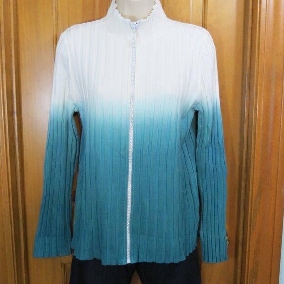 Belldini Ivory to Size Teal Ombre Rhinestone Zipper Jacket Cardigan Knit Large - Picture 9 of 12